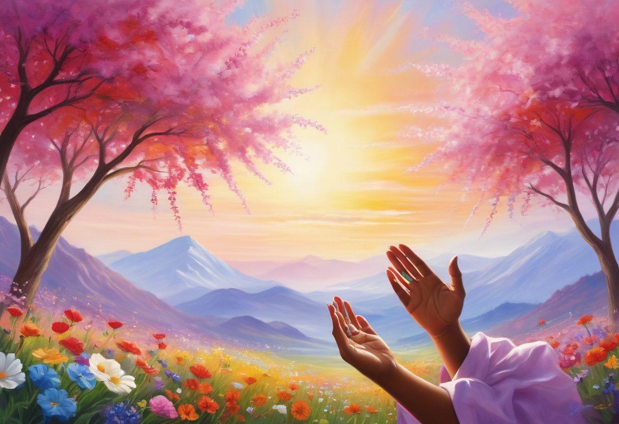 A compassionate figure mentoring a diverse group of cancer survivors, surrounded by gentle sunlight and blooming flowers symbolizing hope and growth. Include elements of unity such as hands joined in support, and vivid colors representing strength and resilience. The background should depict a serene landscape with a bright sky. Painting. vibrant colors.