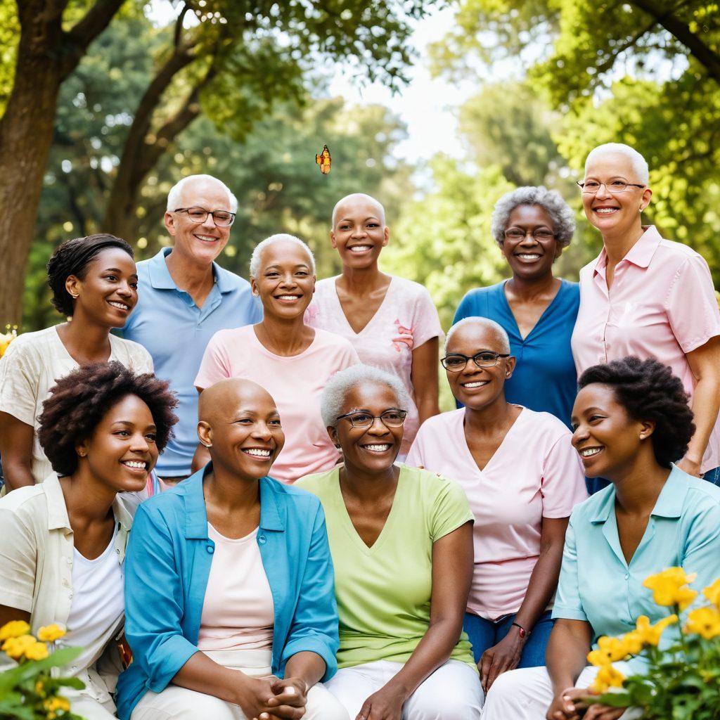 An inspiring scene depicting a diverse group of cancer survivors sharing their stories in a sunlit park, surrounded by blooming flowers and lush greenery. Include a diverse mix of individuals of different ages and backgrounds, smiling and supporting each other, with symbolic elements like ribbons and a butterfly hovering above. The atmosphere should convey hope and resilience. soft focus. vibrant colors. nature-inspired.