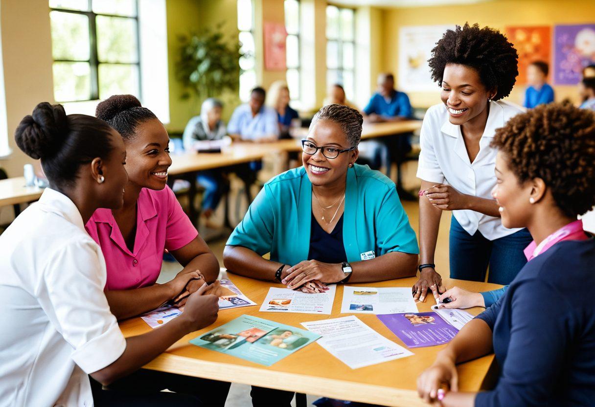 A diverse group of individuals collaborating in a bright, inviting community space, showcasing health advocacy and educational activities related to cancer support. Include a variety of educational materials like brochures and posters around them, with symbols of hope like ribbons and nature in the background. Soft, warm lighting to evoke a sense of empowerment and togetherness. vibrant colors. super-realistic. 3D.